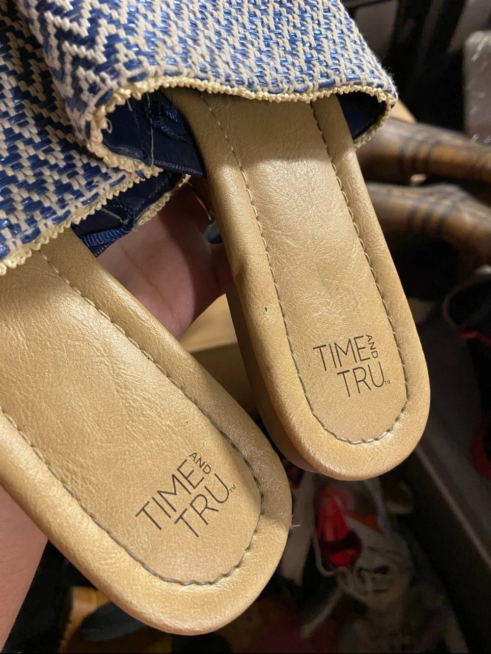 Time and Tru Blue and Tan Woven Slide Sandals